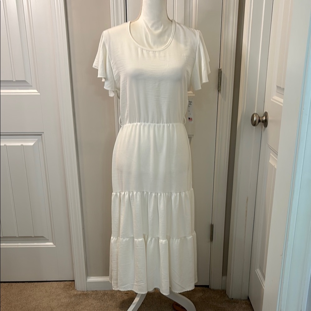 Elizabeth & Nicole White Smocked Flutter Sleeve Midi Dress Size Large